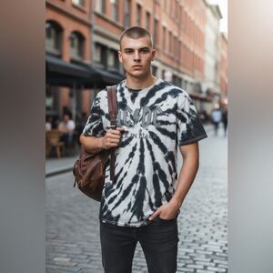 NWOT Unisex Black White Tie Dye Short Sleeve Graphic Tee Shirt AC/DC - Size M